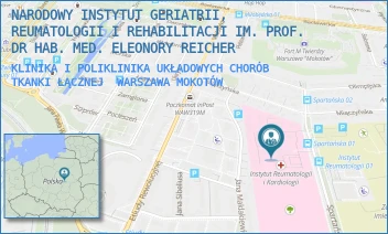 KLINIKA I POLIKLINIKA UKŁADOWYCH CHORÓB TKANKI ŁĄCZNEJ - NARODOWY INSTYTUT GERIATRII, REUMATOLOGII I REHABILITACJI IM. PROF. DR HAB. MED. ELEONORY REICHER - SPARTAŃSKA 1,  WARSZAWA MOKOTÓW