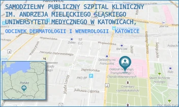 ODCINEK DERMATOLOGII I WENEROLOGII - SAMODZIELNY PUBLICZNY SZPITAL KLINICZNY IM. ANDRZEJA MIELĘCKIEGO ŚLĄSKIEGO UNIWERSYTETU MEDYCZNEGO W KATOWICACH, - UL. FRANCUSKA 20-24,  KATOWICE